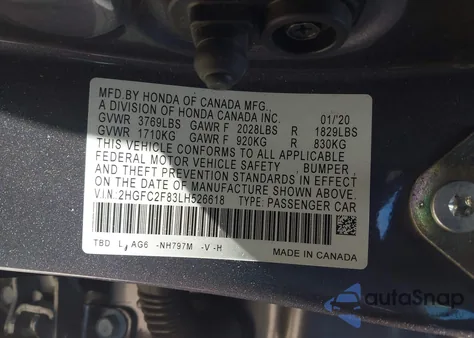 2020 Honda Civic Sport z USA, uszkodzony, nr VIN 2HGFC2F83LH526618